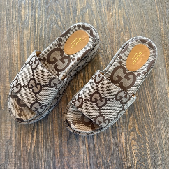 Gucci Brown/Tan GG Monogram Platform Slide Sandals size 38 - Picture 2 of 6